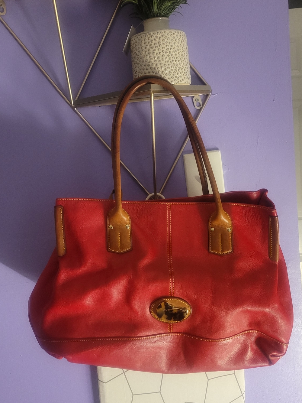 Dooney & Bourke Red Leather Tote with Tan Handles